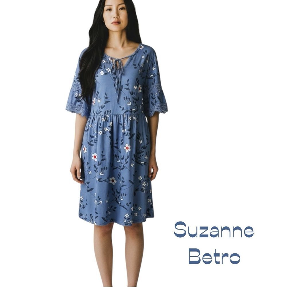 Suzanne Beto Blue Floral Short Sleeve Dress NWT Size M CottageCore